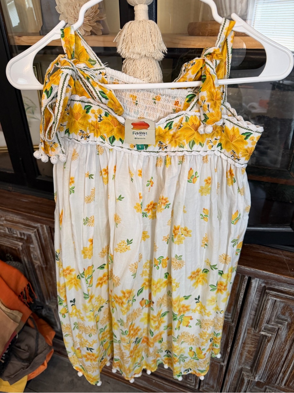 FARM Rio White Dress with Yellow Floral Print and Green Leaves